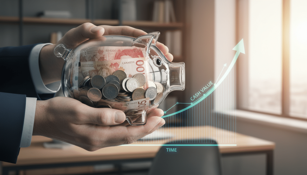 A close-up of a transparent piggy bank filled with various denominations of Canadian currency, symbolizing cash value. In the foreground, a pair of hands in professional business attire gently holds the piggy bank, emphasizing the concept of savings and investment. In the middle ground, an abstract chart illustrating growth in cash value over time can be subtly blended in, suggesting financial stability. The background features a soft-focus office setting, with a warm light filtering through a window, creating a professional and inviting atmosphere. The overall mood should evoke trust and optimism, capturing the essence of whole life insurance as a financial plan.