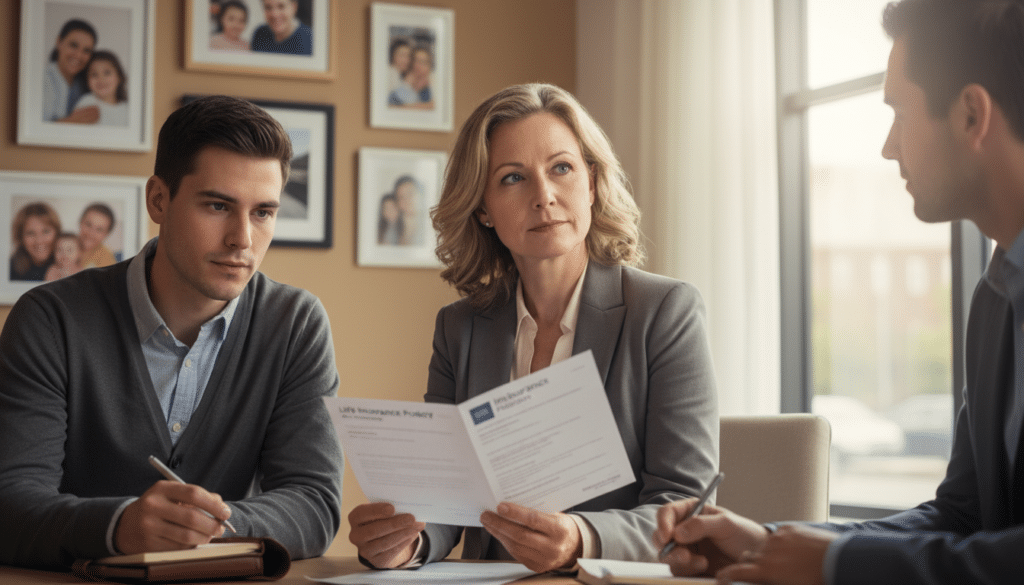 A close-up scene featuring a diverse group of beneficiaries in a warm, comforting office environment. In the foreground, a middle-aged woman in professional attire, looking thoughtful and contemplative, holding a life insurance document. Next to her, a younger man in smart casual clothing, listening intently and taking notes. In the background, a wall with framed family photos and a window showcasing soft, natural lighting that illuminates the scene. The atmosphere is one of trust and understanding, reflecting a sense of security amidst financial discussions. The composition should evoke feelings of hope and support, with a soft focus on the background elements to emphasize the characters and their connection to the topic. A close-up scene featuring a diverse group of beneficiaries in a warm, comforting office environment. In the foreground, a middle-aged woman in professional attire, looking thoughtful and contemplative, holding a life insurance document. Next to her, a younger man in smart casual clothing, listening intently and taking notes. In the background, a wall with framed family photos and a window showcasing soft, natural lighting that illuminates the scene. The atmosphere is one of trust and understanding, reflecting a sense of security amidst financial discussions. The composition should evoke feelings of hope and support, with a soft focus on the background elements to emphasize the characters and their connection to the topic.