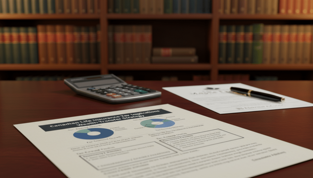 A detailed and professional life insurance policy document prominently displayed in the foreground, featuring clear headings and graphs illustrating tax implications. In the middle, a polished wooden desk with a calculator, a pen, and a financial statement, symbolizing financial planning. In the background, soft-focus shelves lined with books on finance and tax laws, with warm, ambient lighting to create a serious but approachable atmosphere. The scene should convey a feeling of security and professionalism, suitable for an informative article on tax and life insurance in Canada. The camera angle should be slightly elevated, capturing the entire setup with a depth of field that emphasizes the policy document. A detailed and professional life insurance policy document prominently displayed in the foreground, featuring clear headings and graphs illustrating tax implications. In the middle, a polished wooden desk with a calculator, a pen, and a financial statement, symbolizing financial planning. In the background, soft-focus shelves lined with books on finance and tax laws, with warm, ambient lighting to create a serious but approachable atmosphere. The scene should convey a feeling of security and professionalism, suitable for an informative article on tax and life insurance in Canada. The camera angle should be slightly elevated, capturing the entire setup with a depth of field that emphasizes the policy document.
