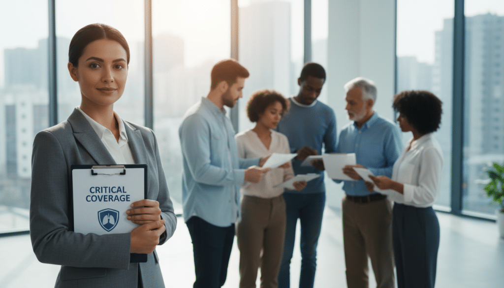 A detailed illustration of a critical illness insurance theme. In the foreground, a confident and professional-looking businesswoman in a tailored suit, holding a clipboard, symbolizing the insurance aspect. In the middle ground, a diverse group of individuals, representing various age groups and backgrounds, engaged in discussion and reviewing medical paperwork, illustrating the coverage of different health conditions. The background features a modern office environment with large windows, allowing natural light to flood in, creating a bright and optimistic atmosphere. The scene is shot from a slightly elevated angle, capturing the interactions and expressions of the subjects, conveying a mood of professionalism and hopefulness regarding health security and financial planning. - is critical illness insurance taxable