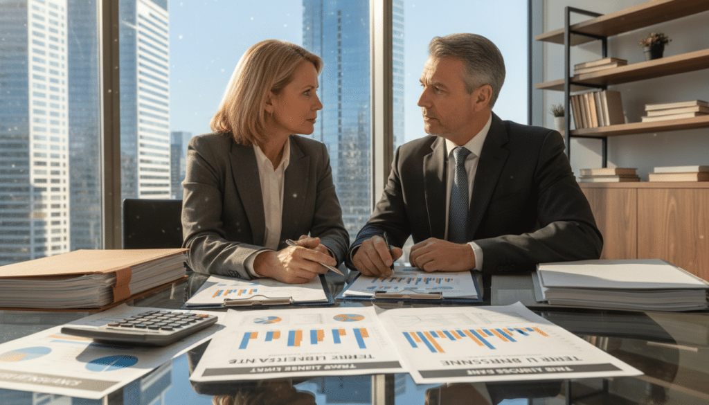A professional business setting depicting a middle-aged couple sitting at a sleek, glass table filled with paperwork and charts about term life insurance. The foreground features neatly organized documents highlighting benefits and coverage, with a calculator and a pen. In the middle, the couple appears engaged in discussion, dressed in smart business attire, showing expressions of focus and determination. The background includes a large window with natural light streaming in, revealing a cityscape that symbolizes security and stability. The mood is serious yet hopeful, with warm lighting enhancing the optimistic atmosphere of planning for the future. The composition is shot from a slight angle, capturing both the couple's conversation and the valuable materials on the table. A professional business setting depicting a middle-aged couple sitting at a sleek, glass table filled with paperwork and charts about term life insurance. The foreground features neatly organized documents highlighting benefits and coverage, with a calculator and a pen. In the middle, the couple appears engaged in discussion, dressed in smart business attire, showing expressions of focus and determination. The background includes a large window with natural light streaming in, revealing a cityscape that symbolizes security and stability. The mood is serious yet hopeful, with warm lighting enhancing the optimistic atmosphere of planning for the future. The composition is shot from a slight angle, capturing both the couple's conversation and the valuable materials on the table.