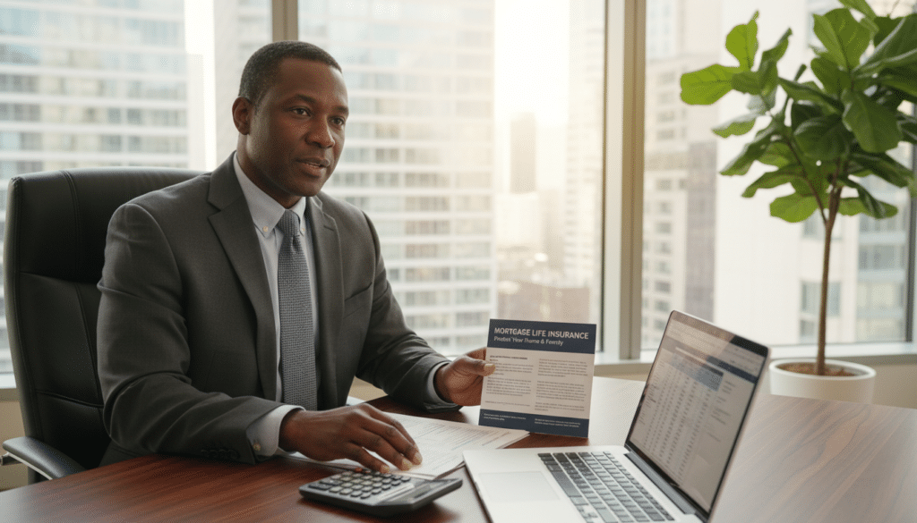 A professional financial advisor sits at a sleek, modern desk in a bright and inviting office. In the foreground, a laptop displays financial documents and a calculator. The advisor, a middle-aged Black man in a tailored dark suit, gestures towards a brochure on mortgage life insurance, emphasizing its importance. In the middle background, a large window allows natural sunlight to stream in, showcasing a city skyline. A plant adds a touch of greenery near the window, enhancing the calm atmosphere. The overall lighting is warm and welcoming, creating a sense of trust and security. The angle is slightly tilted, capturing both the advisor and the documents, perfect for illustrating the concept of protection insurance as part of a mortgage plan.