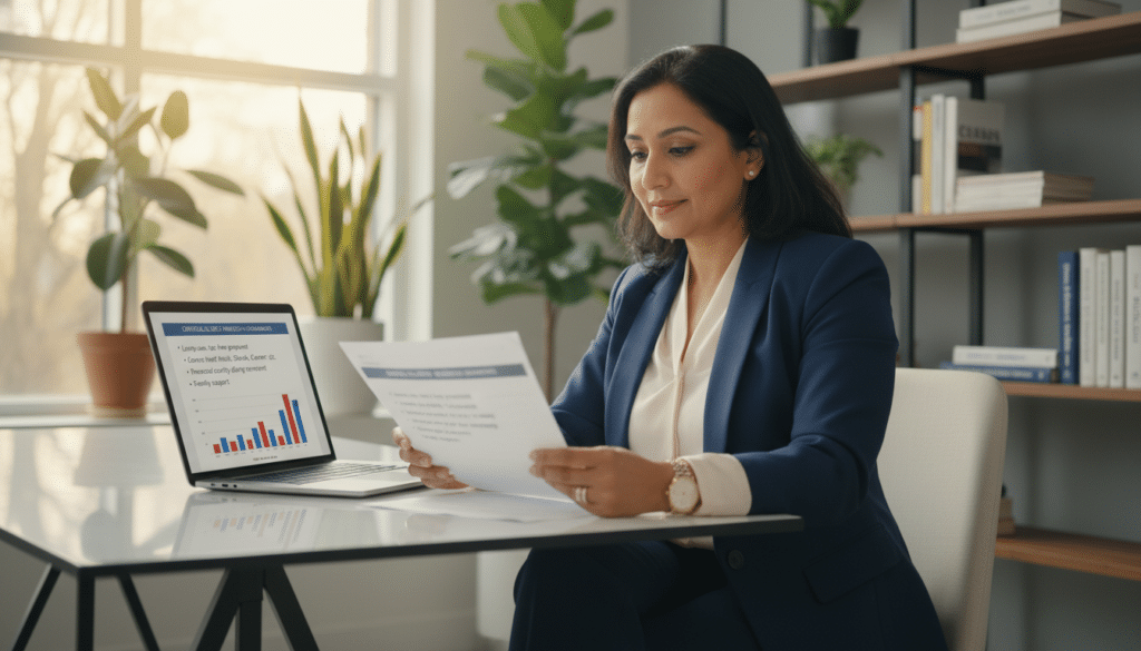 A professional financial advisor sitting at a modern desk in a bright office, analyzing a critical illness insurance policy document. The foreground includes a close-up of the policy sheet, with clear bullet points highlighting key benefits. In the middle ground, the advisor, a middle-aged South Asian woman, is dressed in elegant business attire, focused and engaged, with a laptop open displaying financial graphs. The background features a large window with natural light streaming in, illuminating potted plants and a bookshelf filled with financial literature. The overall atmosphere is one of professionalism, security, and warmth, conveying the importance of critical illness insurance in Canada. The image has soft, inviting lighting, with a slight depth of field effect to emphasize the subject and the document.