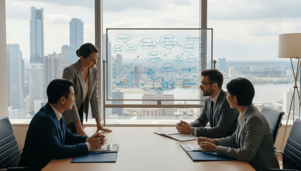 A professional, modern office environment serves as the backdrop, featuring a large window with natural light flooding the room. In the foreground, a diverse group of four professionals—two men and two women—are engaged in a discussion around a sleek conference table, all dressed in smart business attire. They are surrounded by documents and financial charts that illustrate term insurance and life insurance concepts. The middle ground displays a whiteboard with key terms and doodles related to insurance, while the background features a city skyline through the window, suggesting a sense of reliability and growth. The overall mood is collaborative and focused, with a warm and inviting atmosphere enhanced by soft lighting. The image conveys professionalism and clarity, perfectly embodying the theme of life insurance. A professional, modern office environment serves as the backdrop, featuring a large window with natural light flooding the room. In the foreground, a diverse group of four professionals—two men and two women—are engaged in a discussion around a sleek conference table, all dressed in smart business attire. They are surrounded by documents and financial charts that illustrate term insurance and life insurance concepts. The middle ground displays a whiteboard with key terms and doodles related to insurance, while the background features a city skyline through the window, suggesting a sense of reliability and growth. The overall mood is collaborative and focused, with a warm and inviting atmosphere enhanced by soft lighting. The image conveys professionalism and clarity, perfectly embodying the theme of life insurance.
