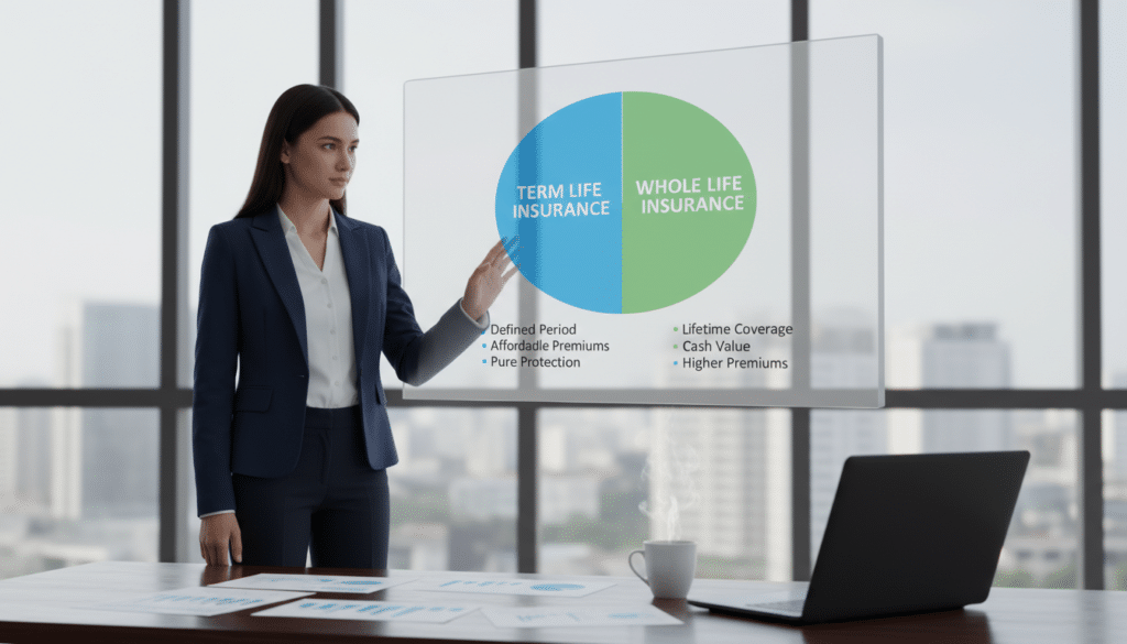 A professional office setting featuring a confident businesswoman in formal attire, standing beside a large, transparent screen displaying a pie chart comparing term life insurance and whole life insurance. The foreground includes documents and a laptop on a polished wooden desk, emphasizing a sense of professionalism and focus. In the middle ground, the businesswoman gestures towards the screen, illustrating key points about term life insurance, like its defined coverage period and affordability. The background showcases a bright, modern office space with large windows letting in soft, natural light, creating an inviting atmosphere. The mood is informative and engaging, conveying a sense of clarity and professionalism in discussing financial protection. The camera angle is slightly elevated, providing a comprehensive view of the scene.