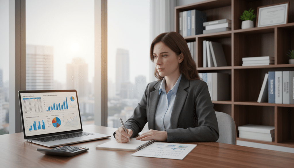 A professional office workspace filled with elements representing life insurance estimation. In the foreground, a neatly arranged desk with a laptop displaying graphs and charts related to life insurance calculations. To the side, a calculator and a notepad with handwritten notes about financial planning. In the middle, a business professional in modest attire, looking thoughtfully at the laptop while writing on the notepad. The background features a large window with natural light filtering in, casting a soft glow over the scene, and a shelf filled with financial books and documents. The overall mood is insightful and focused, emphasizing guidance and financial literacy. The image captures a blend of professionalism and personal planning.