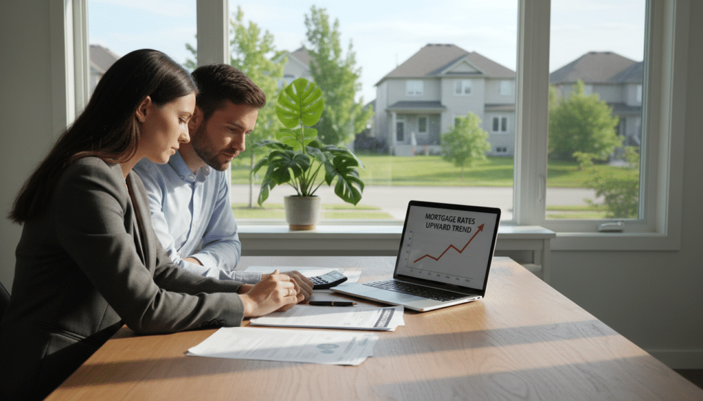 A serene and modern home office space with a large wooden desk in the foreground, where a Canadian couple in professional attire is examining mortgage paperwork. On the desk, a calculator, financial documents, and a pen are neatly arranged. In the middle ground, a potted plant brings a touch of nature, while a laptop displays a graph indicating rising mortgage rates. In the background, a large window offers a view of a picturesque suburban neighborhood with green lawns and cozy houses, indicating a stable community. Soft, natural light filters through the window, casting gentle shadows, creating a hopeful and reflective atmosphere. The image should convey a sense of financial security and planning for the future, highlighting the importance of mortgage protection for homeowners.
