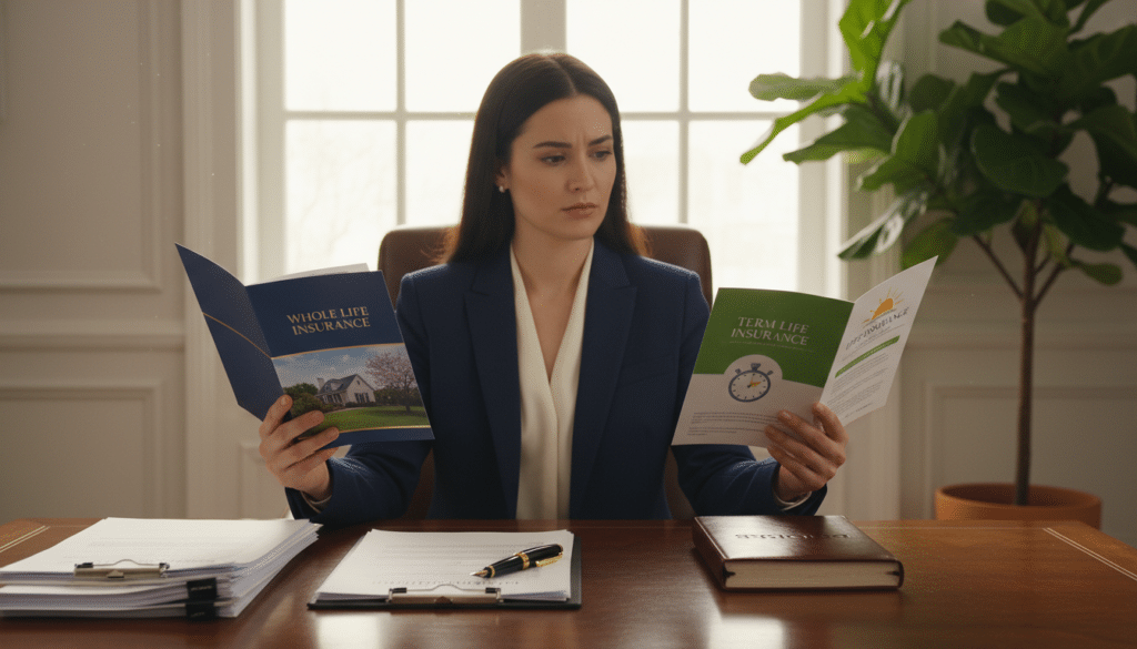 A serene office environment showcasing a polished wooden desk in the foreground, adorned with neatly stacked financial documents and a classic fountain pen, symbolizing life insurance policies. In the middle ground, a professional businesswoman in formal attire is thoughtfully comparing two brochures: one for whole life insurance and another for term life insurance, with a subtle look of contemplation. The background features a large window allowing soft, warm natural light to illuminate the scene, creating an inviting atmosphere. A green plant adds a touch of nature, enhancing a calm mood. The image captures the essence of decision-making in life insurance, highlighting the contrast between the two types of policies without distraction.