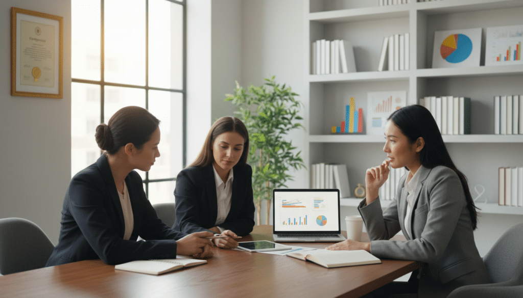 A serene office environment showcasing the concept of whole life insurance. In the foreground, a diverse group of three professionals, dressed in smart business attire, engaged in a thoughtful discussion around a polished wooden table, with documents and a laptop open before them. The middle layer features a large window allowing warm, natural light to flood in, highlighting a plant and a framed certificate on the wall, symbolizing security and stability. In the background, soft shelves filled with finance books and colorful charts represent growth and understanding. The atmosphere is collaborative and focused, conveying trust and long-term commitment. The composition utilizes a slight upward angle to emphasize the importance of the discussion, with gentle lighting creating a warm and inviting mood.