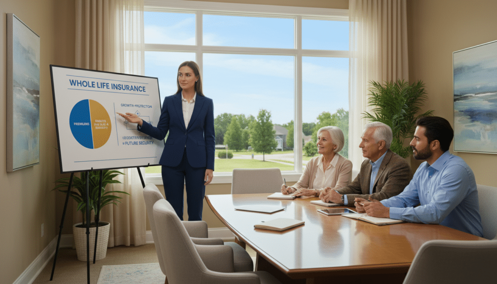 A serene office setting filled with natural light, showcasing a professional business environment. In the foreground, a confident financial advisor in a well-fitted suit gestures towards an illustrated board displaying the concepts of whole life insurance, including visual elements like a pie chart of premiums and benefits. The middle ground features a diverse group of clients, dressed in smart casual attire, attentively discussing their financial plans, with expressions of understanding and engagement. In the background, large windows reveal a tranquil suburban landscape, symbolizing stability and longevity. The atmosphere is uplifting and informative, with a warm color palette that conveys trust and security. Soft lighting enhances the professional vibe, creating a welcoming space for financial discussion. A serene office setting filled with natural light, showcasing a professional business environment. In the foreground, a confident financial advisor in a well-fitted suit gestures towards an illustrated board displaying the concepts of whole life insurance, including visual elements like a pie chart of premiums and benefits. The middle ground features a diverse group of clients, dressed in smart casual attire, attentively discussing their financial plans, with expressions of understanding and engagement. In the background, large windows reveal a tranquil suburban landscape, symbolizing stability and longevity. The atmosphere is uplifting and informative, with a warm color palette that conveys trust and security. Soft lighting enhances the professional vibe, creating a welcoming space for financial discussion.