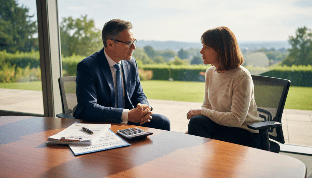 A serene office setting focusing on a desk in the foreground, which features a neatly arranged stack of critical illness insurance documents with a calculator and a pen. In the middle ground, a professional financial advisor in business attire, a middle-aged man with glasses, attentively discusses the insurance quote with a client, a woman in modest casual clothing, both seated at the desk. The background showcases a softly lit window view of a green outdoor landscape, enhancing the atmosphere of trust and transparency. Natural sunlight filters through, casting gentle shadows, creating a warm and inviting mood that conveys reassurance and professionalism in financial planning.