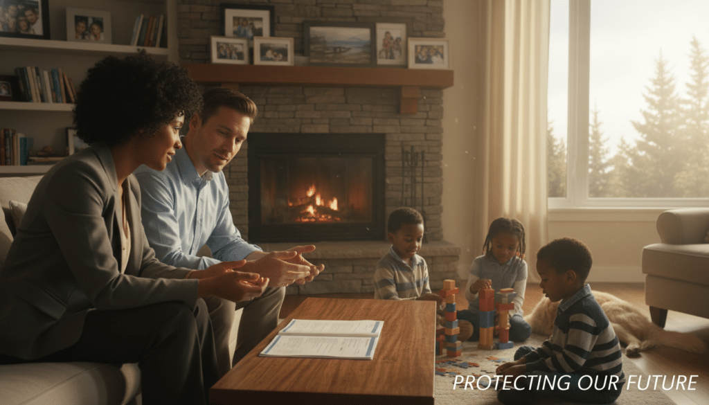 A serene scene depicting a diverse Canadian family in a cozy living room setting. In the foreground, a mother and father, dressed in smart casual business attire, are engaged in an open discussion while reviewing life insurance documents laid out on a coffee table. Their two children, a girl and a boy, are playing nearby with educational toys, embodying a sense of security and family unity. The middle ground features a warm fireplace, symbolizing comfort, and a large window with soft morning light streaming in, adding a hopeful atmosphere. In the background, subtle hints of family photos and a neatly arranged bookshelf create a sense of belonging. The overall mood is positive and reassuring, emphasizing the importance of life insurance for family protection.