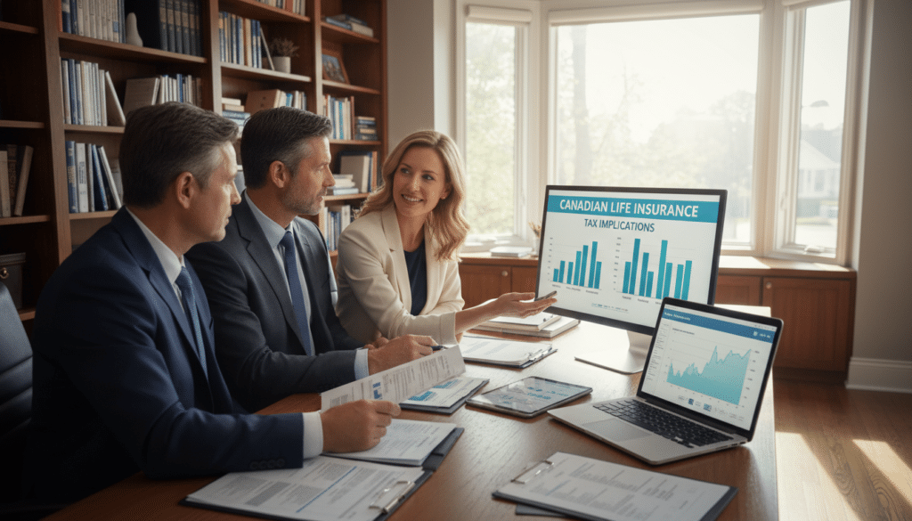 A thoughtful and informative scene in a well-lit office setting, emphasizing the theme of financial planning. In the foreground, a middle-aged couple, dressed in professional business attire, reviews life insurance documents with a financial advisor, who is providing them with guidance, displaying a friendly demeanor. The advisor points to a chart illustrating tax implications in a clear yet visually appealing way. In the middle ground, a wooden desk is adorned with financial reports and a laptop displaying graphs related to life insurance. The background features bookshelves filled with financial literature and a window allowing natural light to pour in, casting soft shadows that create a warm and inviting atmosphere, suggesting reflection and understanding. The overall mood is one of clarity and professionalism, emphasizing the importance of informed decision-making regarding life insurance in Canada. A thoughtful and informative scene in a well-lit office setting, emphasizing the theme of financial planning. In the foreground, a middle-aged couple, dressed in professional business attire, reviews life insurance documents with a financial advisor, who is providing them with guidance, displaying a friendly demeanor. The advisor points to a chart illustrating tax implications in a clear yet visually appealing way. In the middle ground, a wooden desk is adorned with financial reports and a laptop displaying graphs related to life insurance. The background features bookshelves filled with financial literature and a window allowing natural light to pour in, casting soft shadows that create a warm and inviting atmosphere, suggesting reflection and understanding. The overall mood is one of clarity and professionalism, emphasizing the importance of informed decision-making regarding life insurance in Canada.