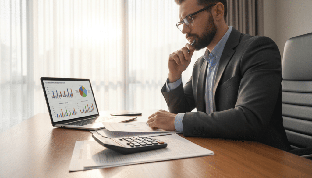 A thoughtful professional in business attire sits at a modern office desk, reviewing documents about life insurance needs. In the foreground, a close-up of a calculator and financial papers, signifying calculations and planning. The middle ground features the individual thoughtfully analyzing the documents, with a focused expression, while an open laptop shows graphs and data about life insurance options. In the background, a bright window lets in natural light, creating an uplifting atmosphere. The room is warmly lit, conveying a sense of professionalism and trust. The angle captures the scene slightly from the side to emphasize both the individual and the paperwork, encapsulating the importance of informed decisions in life insurance planning.