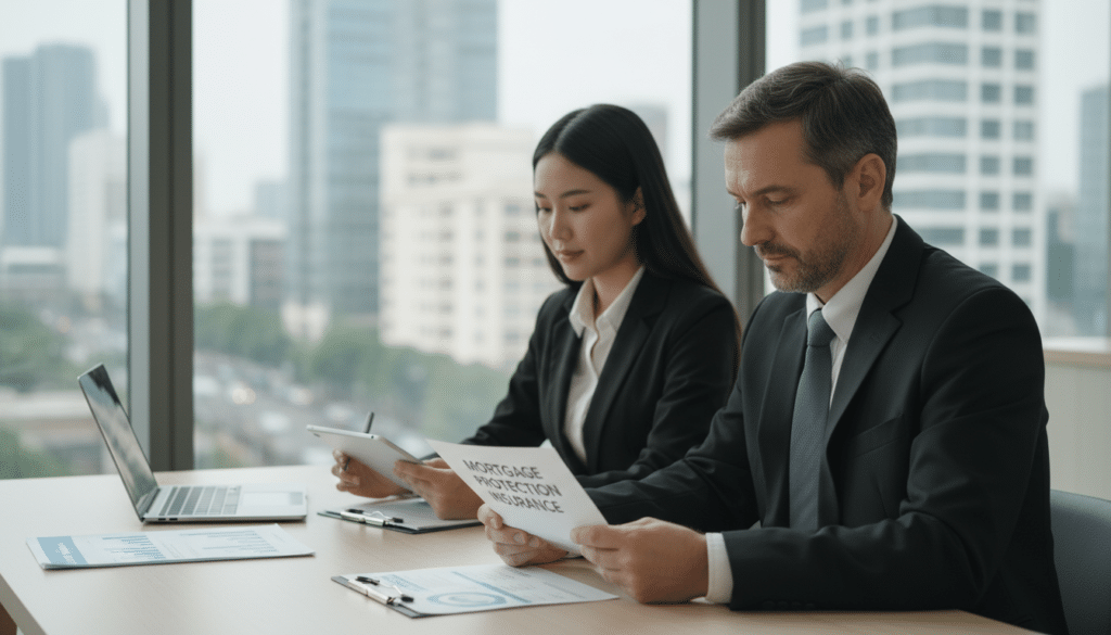 A cozy yet professional office setting showing a diverse group of individuals discussing mortgage protection insurance. In the foreground, a middle-aged man in a smart business suit reviews a document labeled "Mortgage Protection Insurance," with a thoughtful expression. Beside him, a young woman in professional attire takes notes on a tablet, clearly engaged in the conversation. In the background, a large window reveals a bustling cityscape, representing financial growth and stability. The scene is illuminated by soft natural light, creating a warm and inviting atmosphere. A modern desk with financial brochures and a laptop adds detail to the setting, emphasizing the importance of financial planning. The overall mood is collaborative and informative, highlighting the comparison between mortgage protection insurance and life insurance.
