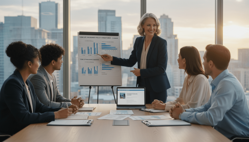 A professional office setting showcasing a diverse group of individuals in business attire engaged in a discussion about term life insurance. In the foreground, a confident middle-aged woman points at a detailed chart illustrating different policy structures and term lengths, while a younger man takes notes. The middle section features a large table with documents, a laptop displaying a financial planning app, and a clipboard with an insurance policy outline. In the background, a large window lets in soft, natural light, illuminating a cityscape view. The atmosphere conveys focus and collaboration, emphasizing the importance of understanding term life insurance options in Canada. Use a neutral color palette with warm lighting to create an inviting environment. A professional office setting showcasing a diverse group of individuals in business attire engaged in a discussion about term life insurance. In the foreground, a confident middle-aged woman points at a detailed chart illustrating different policy structures and term lengths, while a younger man takes notes. The middle section features a large table with documents, a laptop displaying a financial planning app, and a clipboard with an insurance policy outline. In the background, a large window lets in soft, natural light, illuminating a cityscape view. The atmosphere conveys focus and collaboration, emphasizing the importance of understanding term life insurance options in Canada. Use a neutral color palette with warm lighting to create an inviting environment.