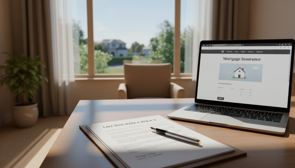 A serene office setting in soft, natural light, featuring a wooden desk with a neatly organized life insurance policy document prominently displayed in the foreground. Next to it, an elegant pen rests on the document, suggesting professionalism and importance. In the middle ground, an open laptop shows a mortgage insurance webpage, symbolizing the contrast between life insurance and mortgage insurance. The background reveals a large window with a view of a peaceful suburban landscape, evoking security and stability. The atmosphere is calm and reassuring, enhanced by warm tones and gentle shadows, inviting readers to reflect on the significance of life insurance policies versus mortgage life insurance.