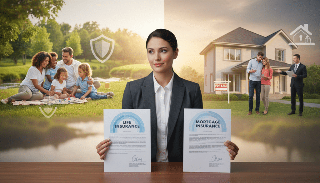 A visually engaging comparison image representing the concepts of life insurance and mortgage insurance. In the foreground, a confident professional woman in business attire stands at a desk, examining two documents labeled "Life Insurance" and "Mortgage Insurance." In the middle ground, a clear distinction between the two concepts is depicted: on one side, a peaceful family setting with loved ones enjoying a sunny day, symbolizing security and protection; on the other side, a house with a "For Sale" sign and a family discussing mortgages. The background features soft, warm lighting, suggesting a hopeful atmosphere. Use a focal length of 35mm to capture the details beautifully while maintaining depth. The overall mood is informative and optimistic, showcasing the differences that matter in a relatable context without any text or distractions.