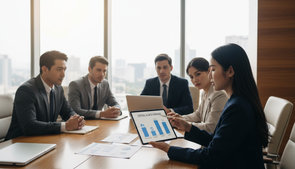 A visually engaging illustration of term life insurance, depicting the journey from purchase to payout. In the foreground, an open folder with a term life insurance policy document and a pen, symbolizing the purchase process. The middle ground features a diverse group of three professionals—two men and one woman—reviewing the document in an office setting, all dressed in smart business attire. In the background, a large window offers a view of a city skyline, bathed in warm sunlight, creating an inviting atmosphere. Soft, natural lighting illuminates the scene, enhancing the sense of professionalism and trust. Capture a mood of clarity and assurance, reflecting the significance of planning for the future with term life insurance. what is term life insurance