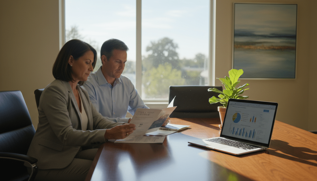 A serene office setting designed for discussing funeral insurance. In the foreground, a middle-aged couple in professional attire sits at a polished wooden table, looking thoughtfully at brochures and documents related to funeral insurance and final expense coverage. The couple conveys a sense of understanding and planning for the future. In the middle, an open laptop displays a chart illustrating funeral expenses, while a potted plant adds a touch of warmth. In the background, a window allows soft, natural light to filter in, casting a calm, inviting glow across the room. The overall atmosphere is one of reassurance, responsibility, and careful consideration, reflecting the importance of planning for end-of-life expenses.