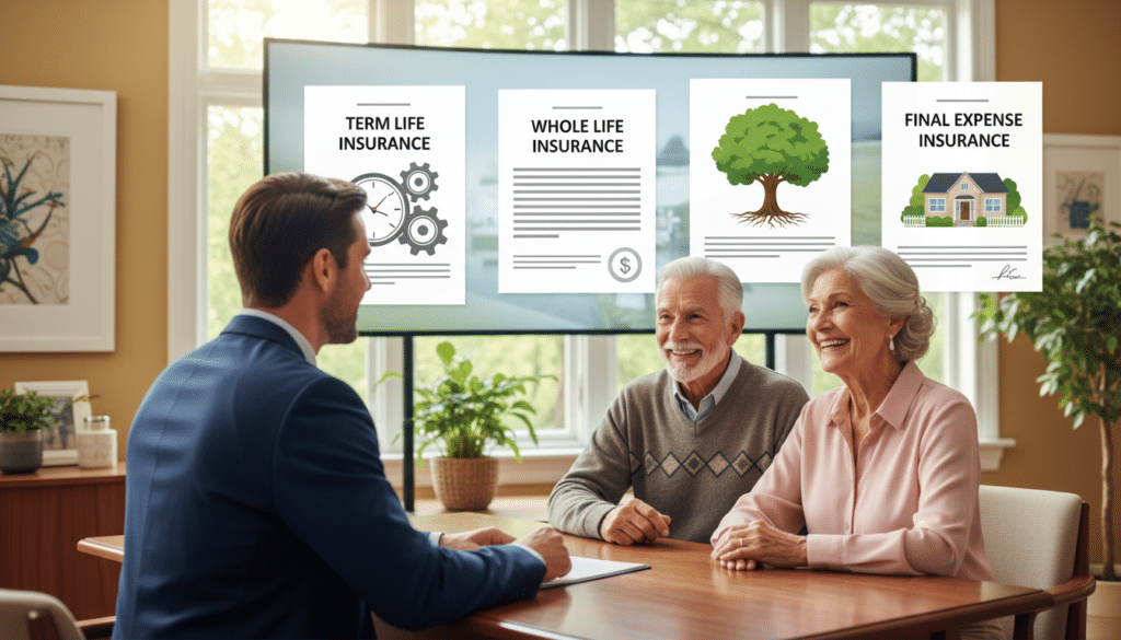 A visually engaging collage illustrating various types of life insurance options for seniors. In the foreground, feature a professional consultant in business attire, discussing with an elderly couple, both smiling and appearing reassured. In the middle, show three distinct life insurance policy illustrations: a term life insurance document with a clock symbol, a whole life insurance policy with a tree symbolizing growth, and a final expense insurance plan with a home in the background. The background should depict a serene, sunlit office environment with warm, inviting colors. The lighting should be soft yet bright to evoke a sense of security and positivity, with a slightly blurred depth of field to focus on the interaction in the foreground. The overall mood should be reassuring and informative.