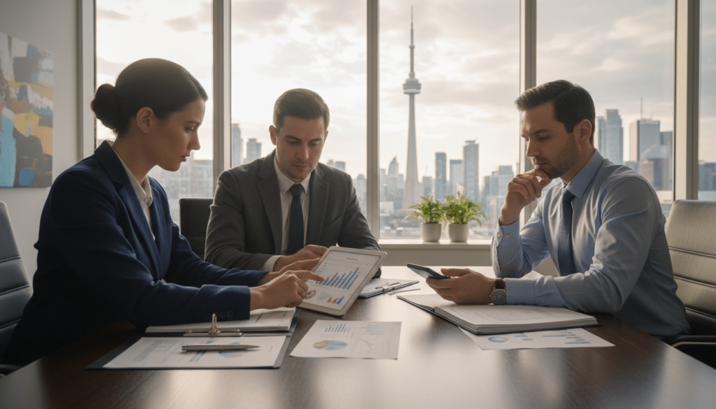 A professional business meeting scene set in a modern Canadian office environment. In the foreground, a diverse group of three professionals—two men and one woman—are engaged in a focused discussion, dressed in smart business attire. They are examining documents and a digital tablet displaying graphs and statistics related to life insurance. In the middle, a sleek, polished conference table holds financial reports and a calculator, symbolizing analysis and decision-making. The background features large windows revealing a city skyline, illuminated by warm, natural light, creating an optimistic and contemplative atmosphere. The overall mood is serious yet hopeful, reflecting the importance of understanding life insurance and its value in today's society. Use a slightly lower angle to emphasize the group dynamic and the significance of their discussion. - whole life insurance meaning