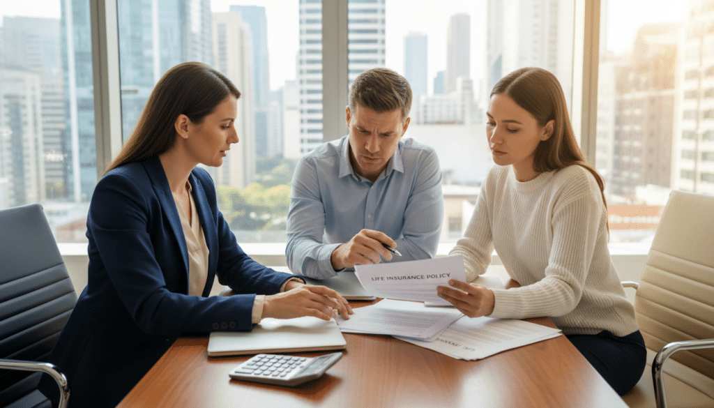 A professional financial advisor in formal business attire is sitting at a desk in a bright, modern office, engaged in a thoughtful discussion with a couple. The couple, dressed in smart casual clothing, displays a mix of curiosity and concern as they examine a life insurance policy document. On the desk, alongside the documents, are a laptop and a calculator, symbolizing financial planning. In the background, large windows overlook a vibrant cityscape, suggesting stability and growth. The lighting is warm and inviting, creating an atmosphere of trust and clarity. The scene captures the essence of making informed financial decisions, emphasizing the role of life insurance in a person's financial well-being. - Whole life insurance vs universal life