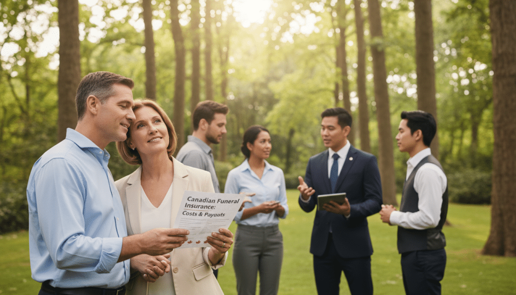A serene and professional scene depicting a group of diverse individuals in business attire standing together in a peaceful garden setting, engaging in thoughtful conversation about funeral insurance. In the foreground, a middle-aged couple, looking relieved and hopeful, hold hands while glancing at a document discussing costs and payouts. In the middle ground, a financial advisor, dressed in formal business attire, is explaining options using a tablet. The background features soft, natural lighting filtering through trees, creating a calm and reassuring atmosphere. The overall mood conveys security, community, and the importance of planning for the future, emphasizing the value of funeral insurance in Canada.