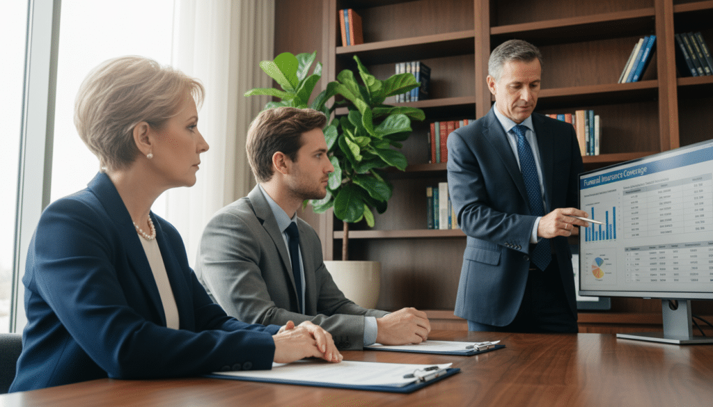 A serene and respectful scene depicting a professional financial advisor discussing funeral insurance with a family in a well-lit office. In the foreground, a middle-aged woman and her adult son are seated, listening attentively and looking thoughtful, dressed in professional business attire. The advisor, a middle-aged man, stands beside a desk, pointing to a document, showcasing graphs and figures related to funeral insurance. In the middle background, a bookshelf filled with financial books and a potted plant adds a touch of warmth. The lighting is soft, creating a calm and trustworthy atmosphere, while the angle captures the connection between the individuals, emphasizing the importance of planning for the future.