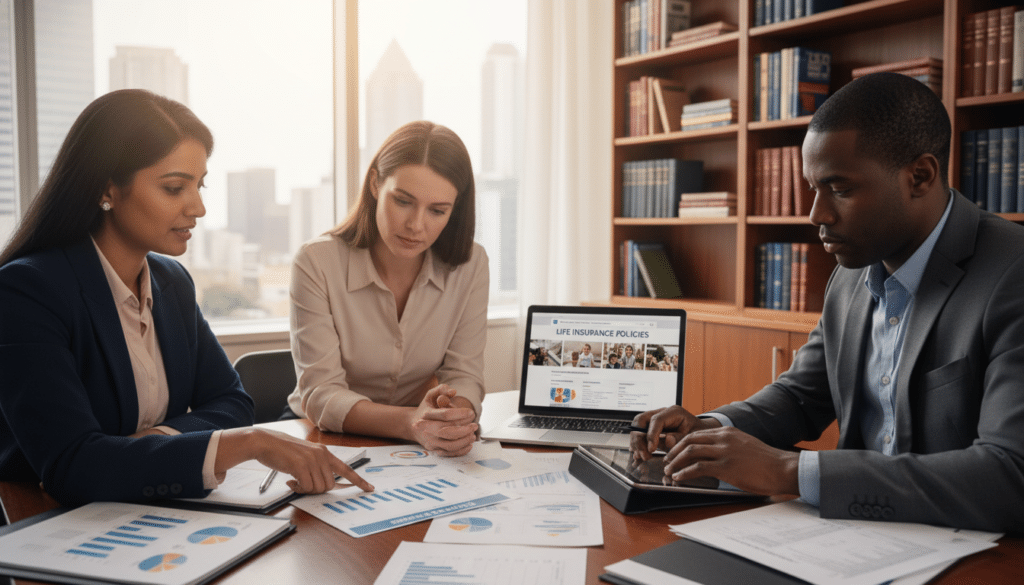 A professional-looking office scene depicting a group of three diverse individuals discussing life insurance premiums. In the foreground, a South Asian woman in business attire is pointing at a financial document, while a Black man in a suit takes notes on a digital tablet. A Caucasian woman in a smart blouse leans in, engaged in the conversation. The middle ground features a large window with soft natural light flooding the room, casting a warm glow. On the desk, various financial charts and a laptop display images of life insurance policies. In the background, a bookshelf filled with finance and insurance books creates a scholarly atmosphere. The overall mood is serious yet collaborative, emphasizing the importance of understanding life insurance premiums in a professional setting.