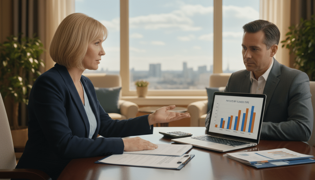 A professional office setting illustrating the concept of critical illness insurance. In the foreground, a confident financial advisor in smart business attire discusses with a client, who looks engaged but thoughtful, highlighting the importance of understanding insurance. In the middle ground, a neatly arranged desk showcases documents, a laptop displaying a graph on critical illness payouts, and a calculator, symbolizing the analytical side of insurance. The background features a sleek modern window with natural light streaming in, creating a calm and reassuring atmosphere. The overall mood should be one of professionalism and trust, emphasizing clarity and understanding in financial planning. Use soft, even lighting to enhance the inviting feel of the space, with a focus on a warm color palette.