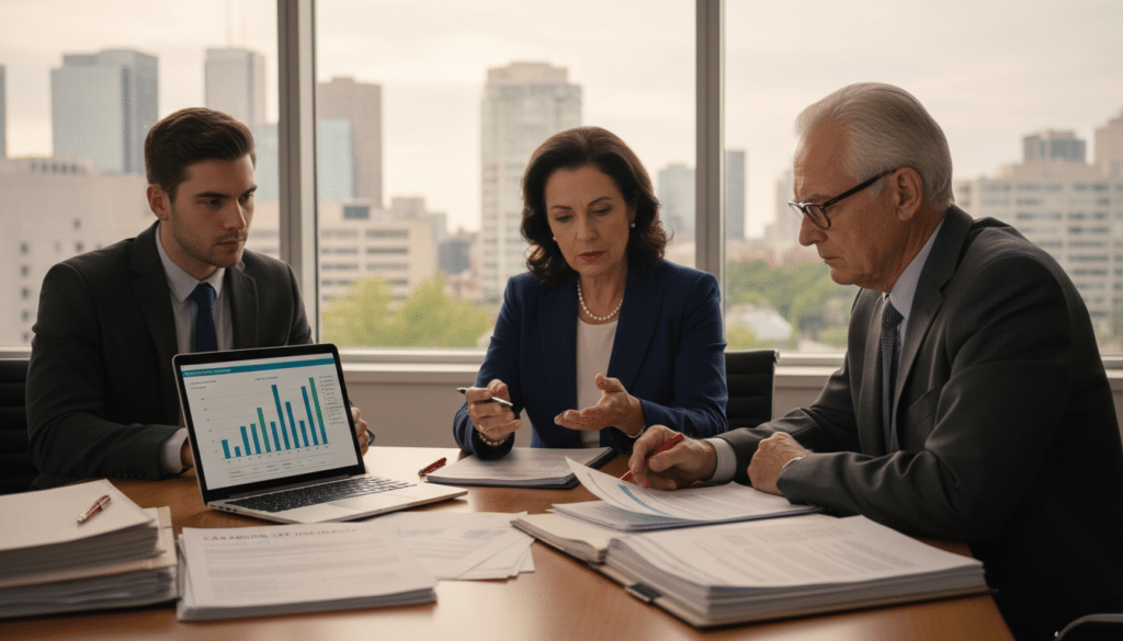 A professional scene depicting a thoughtful discussion about life insurance proceeds in Canada, featuring a diverse group of three individuals in business attire—a middle-aged woman, an elderly man, and a young man. They are seated around a polished wooden conference table filled with financial documents and a laptop displaying a graph. The foreground captures their engaged expressions as they analyze the information. In the middle ground, the documents highlight key terms related to life insurance, while a large window in the background lets in soft, natural light, illuminating the room. The atmosphere is serious yet collaborative, evoking a sense of trust and financial responsibility. The image conveys concepts of tax implications and careful considerations surrounding life insurance proceeds without any textual elements. - how much should life insurance cost - is life insurance worth it